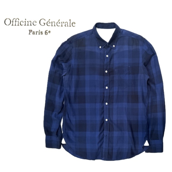 OFFICINE GENERALE BUTTON DOWN JAPANESE POPLIN SHIRT BLUE & BLACK PLAID MEDIUM - Picture 1 of 8